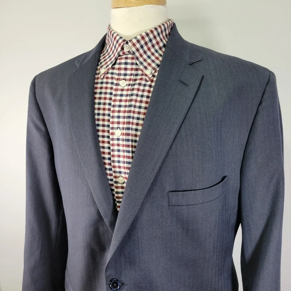 Tom James Men's Sport Coat Blazer‎ Two Button Navy Blue Wool Herringbone 44S